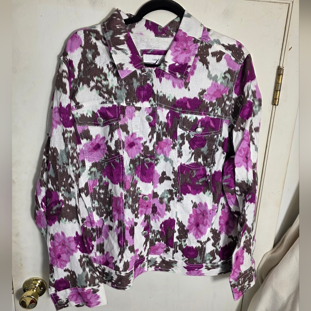 Lucy & Laurel White Purple Floral Linen Lightweight Jacket Plus Size 3X